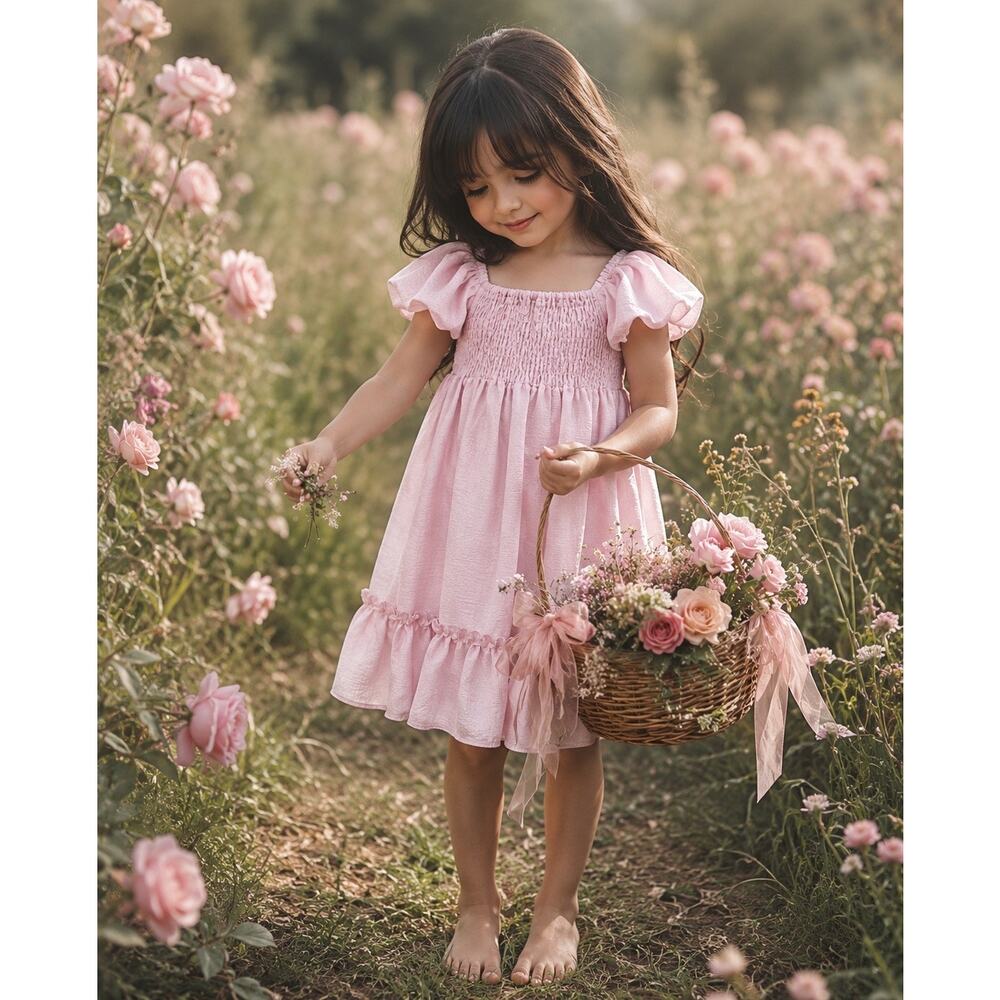 New Dreamy Mauve Puff Slv Smocked Floaty Dress 6/7